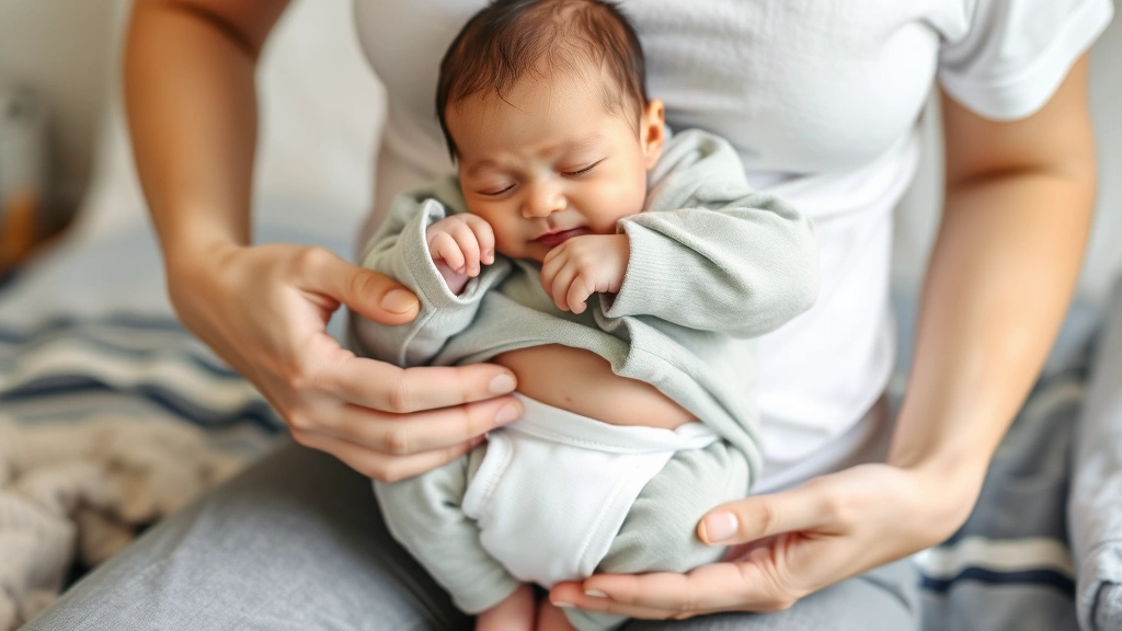 Parent gently dressing their small premature baby in a lightweight layered outfit with accessible diaper area, tender caregiving moment