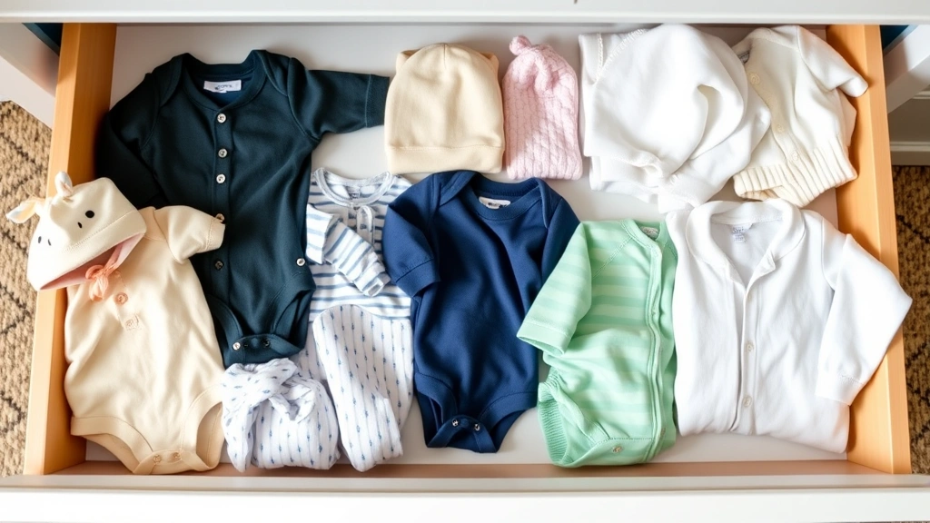 Organized dresser drawer with neatly folded preemie clothing in various styles, showing onesies, sleepers, cardigans and hats color-coordinated, natural soft lighting highlighting organization