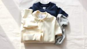 Soft-focused overhead shot of neatly folded baby clothing in neutral tones—cream, navy, and soft gray—arranged on a white linen surface with natural morning light