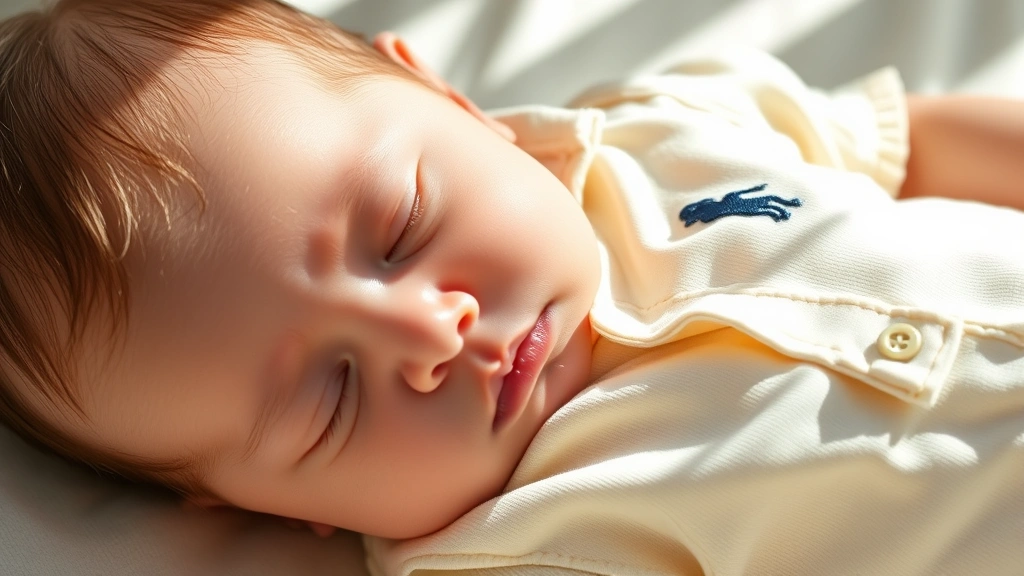 Newborn baby wearing soft cream-colored Ralph Lauren polo outfit, sleeping peacefully in natural sunlight, close-up of fine cotton fabric detail and embroidered pony logo