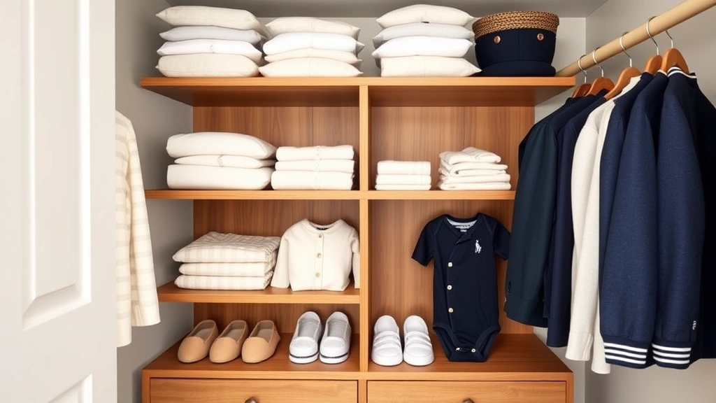 Open nursery closet displaying neatly organized Ralph Lauren Baby pieces in neutral tones: white, cream, navy cardigans and folded rompers on wooden shelves