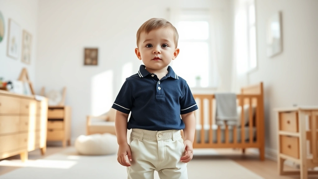 Toddler wearing a navy polo shirt and cream pants standing in a bright, minimalist nursery with wooden furniture and soft natural light streaming through windows