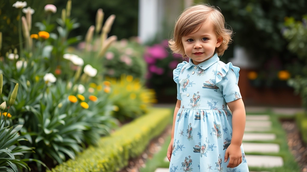 Toddler in pale blue Ralph Lauren heritage print dress standing in garden, candid moment showing quality tailoring and classic design aesthetic