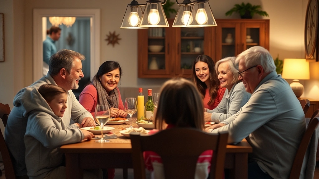 Multi-generational family gathered around dinner table, various ages represented, warm lighting, genuine interaction and conversation, diverse representation, comfortable home setting