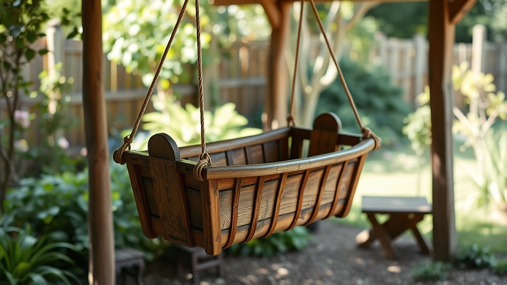 Historically-inspired wooden cradle suspended by rope or fabric in an outdoor garden setting with natural lighting, showcasing traditional baby care methods