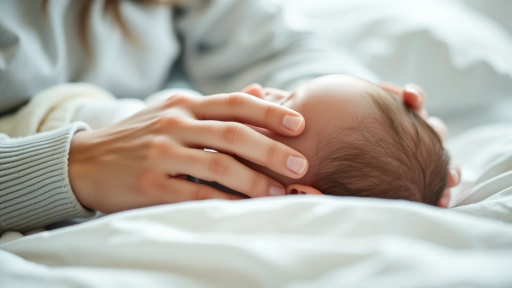 Close-up of parent's hands cradling a baby's head during bedtime, tender moment, soft natural light, calm intimate setting