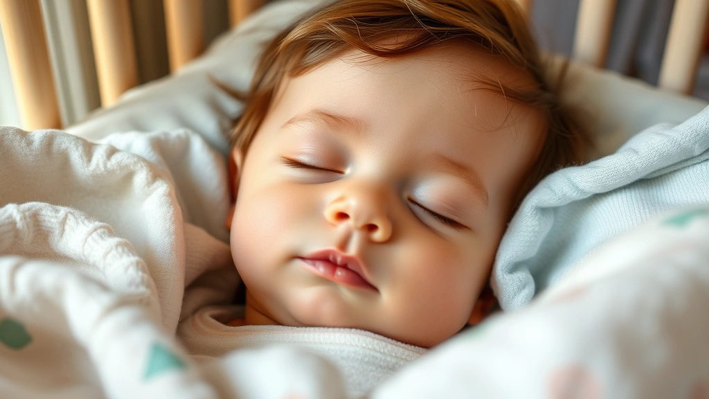 Close-up of a sleeping toddler's face with peaceful expression, surrounded by soft blankets and pillows in a safe crib environment, warm natural lighting
