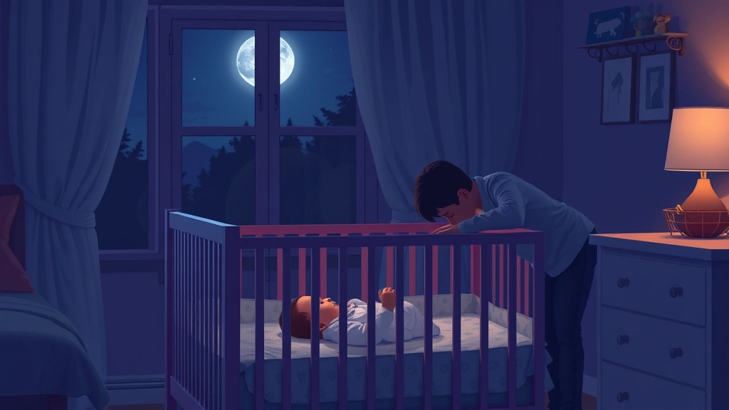 Bedroom scene with parent singing to baby in crib, nighttime ambiance, moonlight through window, peaceful domestic moment, parent leaning over crib