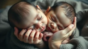 A newborn baby peacefully sleeping with tiny protected hands, showing gentle care and comfort in soft natural lighting