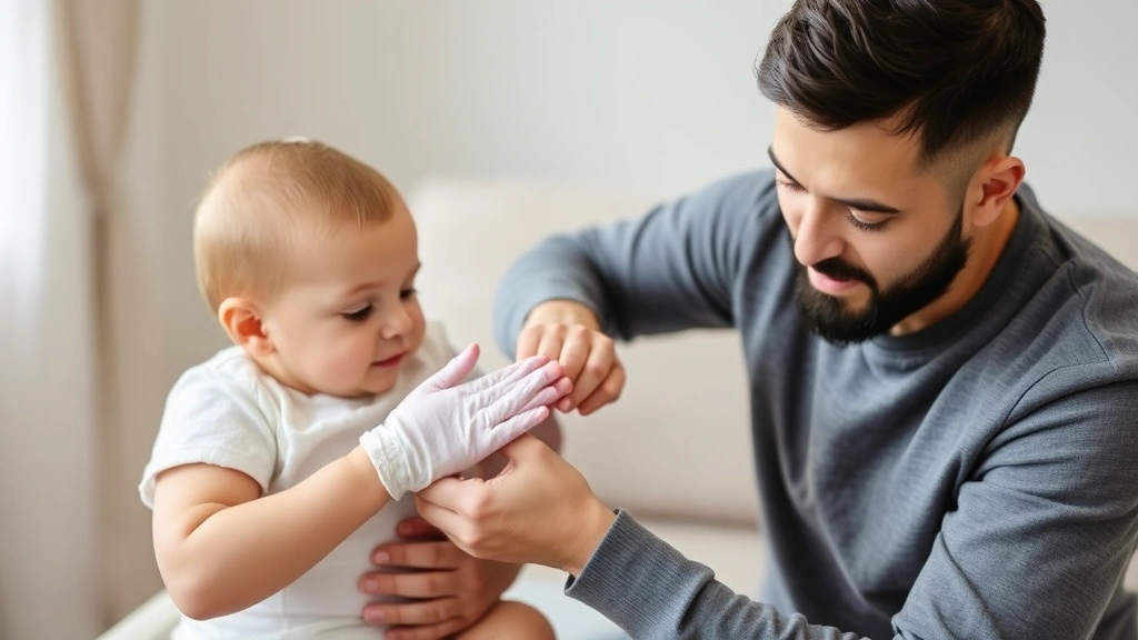 New parent carefully examining and fitting protective hand covers on their baby's small hands, showing proper application technique