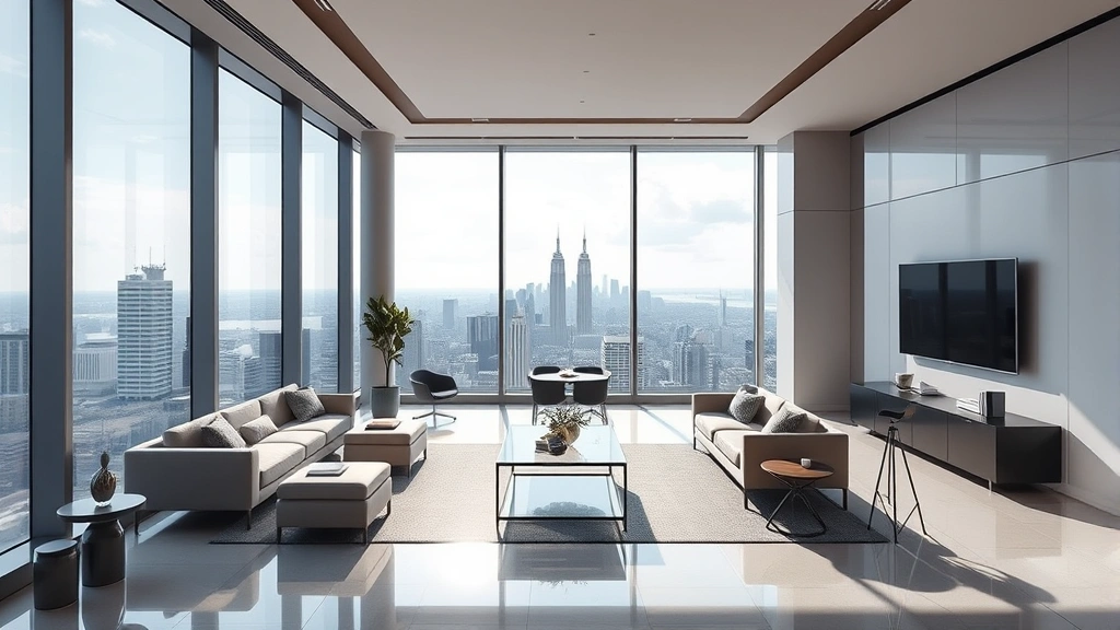 Luxurious modern penthouse office with floor-to-ceiling windows overlooking a city skyline, contemporary furniture and minimalist design, no people visible, daytime lighting