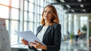 Professional woman in modern office holding documents with thoughtful expression, natural lighting from large windows, contemporary workspace environment