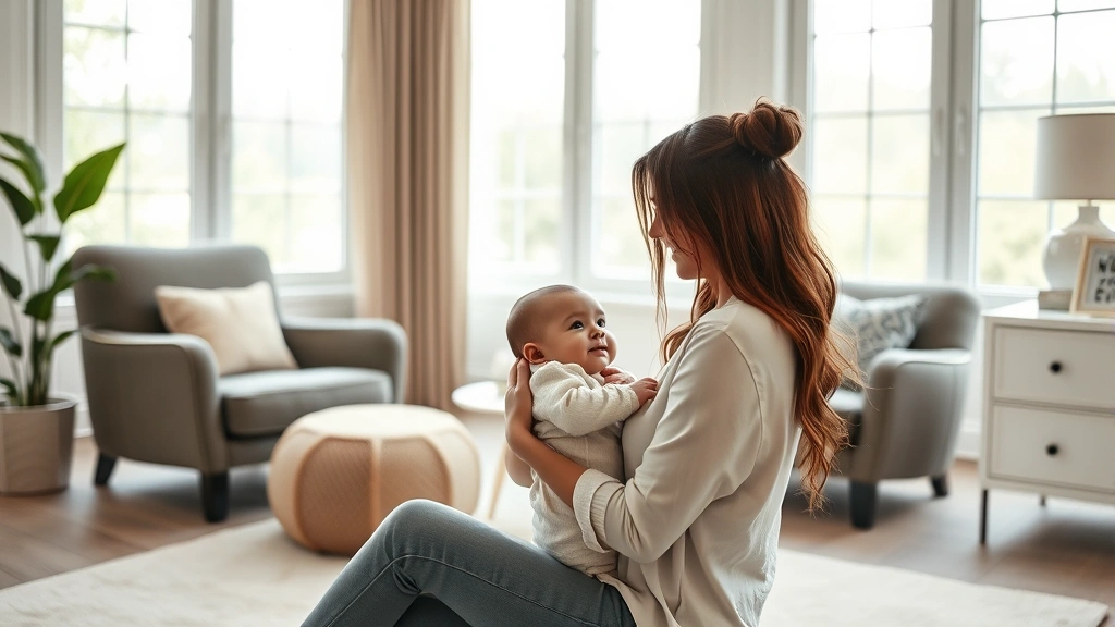 Woman holding infant while sitting in upscale nursery with designer furniture, soft natural lighting through large windows, peaceful and intimate moment, no faces clearly visible