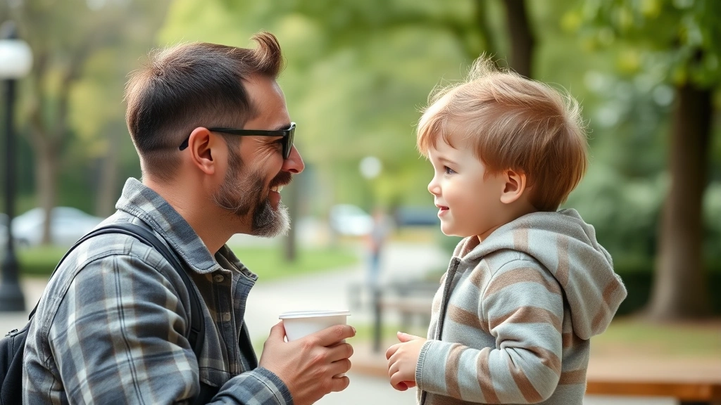 Adult man and young child meeting for first time in neutral setting like park or coffee shop, genuine emotional moment captured naturally, diverse representation