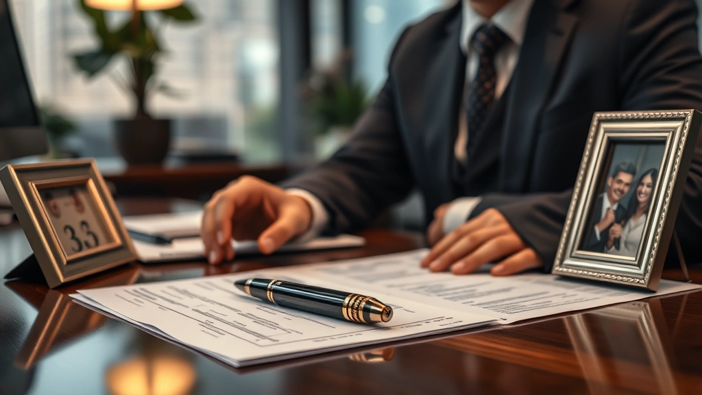 Wealthy businessman's desk with financial documents, luxury pen, and family photo frame in modern office setting, professional atmosphere, no people present, shallow depth of field