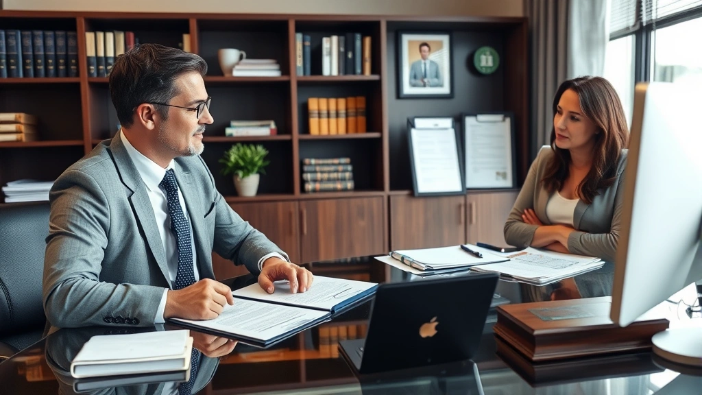 Family law attorney at desk with legal documents and computer, professional office setting, discussing case details with concerned client in background