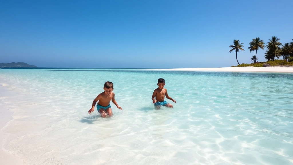Shallow turquoise water with white sand beach, young children wading safely in crystal clear water, palm trees in background, sunny tropical day
