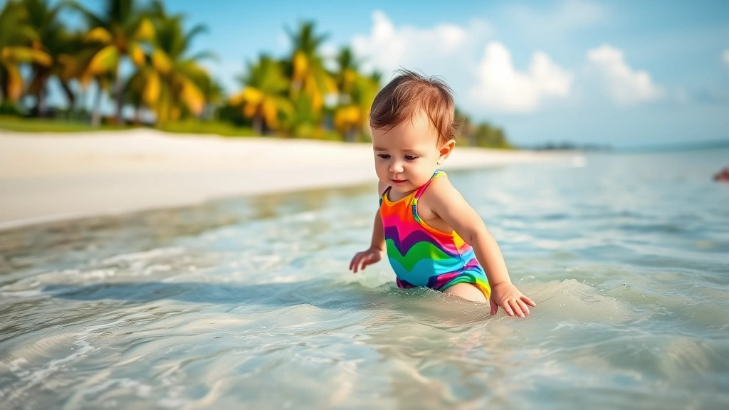Toddler in colorful swim outfit playing in ankle-deep water, adult hand visible nearby, pristine sandy beach with palm trees in soft focus background