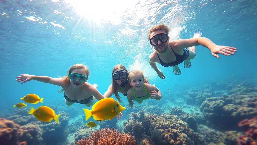Family of four snorkeling in shallow reef waters, colorful tropical fish swimming nearby, bright sunlight filtering through water, vibrant coral visible below
