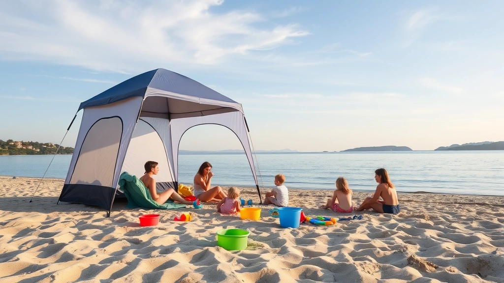 Family beach scene with pop-up tent providing shade, colorful beach toys scattered on sand, calm bay water, clear sky with soft clouds