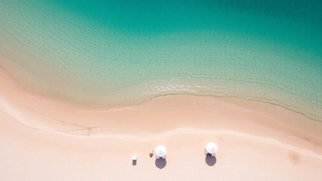 Aerial view of crescent-shaped sandy beach with calm lagoon, white umbrella and beach setup in foreground, few visitors scattered along shoreline, pristine water