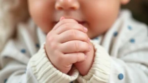 Close-up of a baby's hand grasping a soft silicone teething toy, showing texture detail and the baby's focused expression during sensory exploration