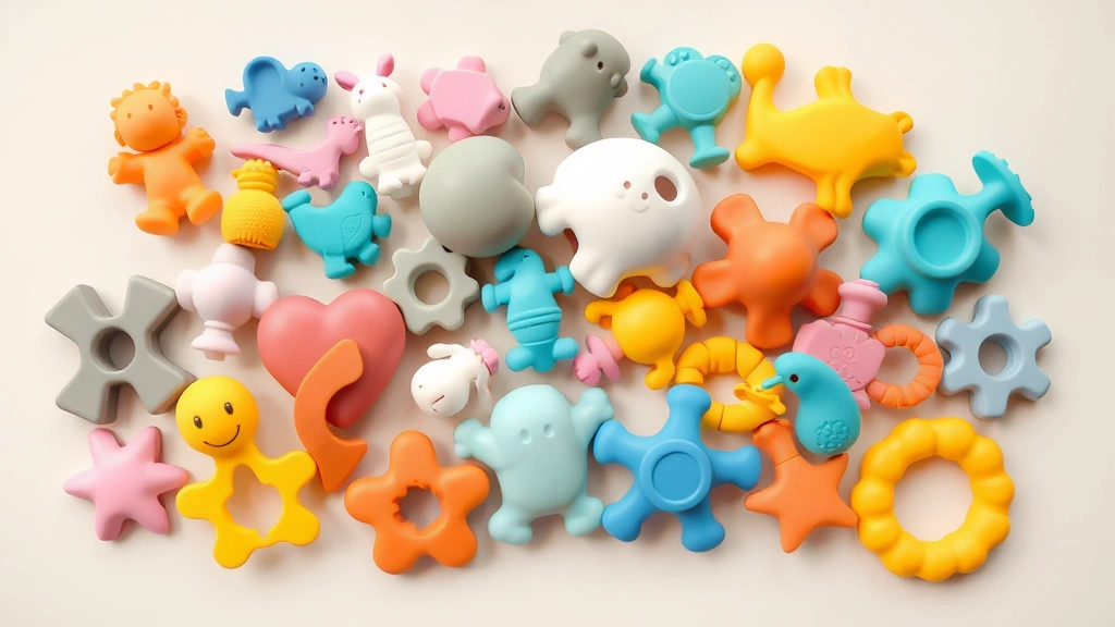 Flat lay arrangement of various colorful silicone baby teething toys and figurines in different shapes, displayed on a light neutral surface