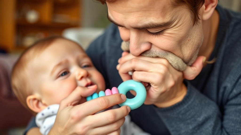 Parent gently offering a silicone teething toy to a toddler with a sore, teething expression, showing comfort and relief in a warm home setting