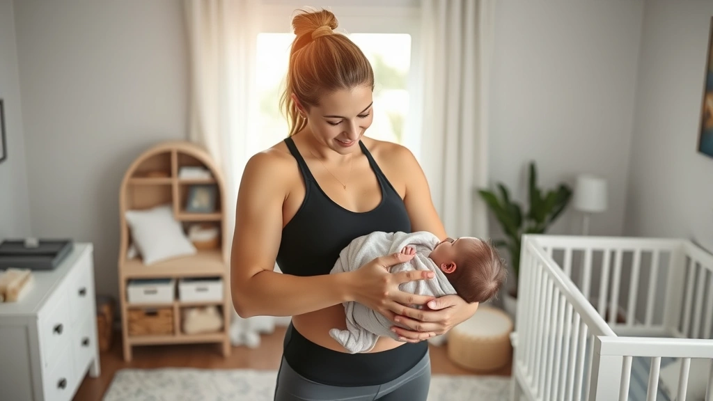 Professional athlete woman holding newborn baby, intimate tender moment in modern home nursery, soft natural lighting, peaceful expression