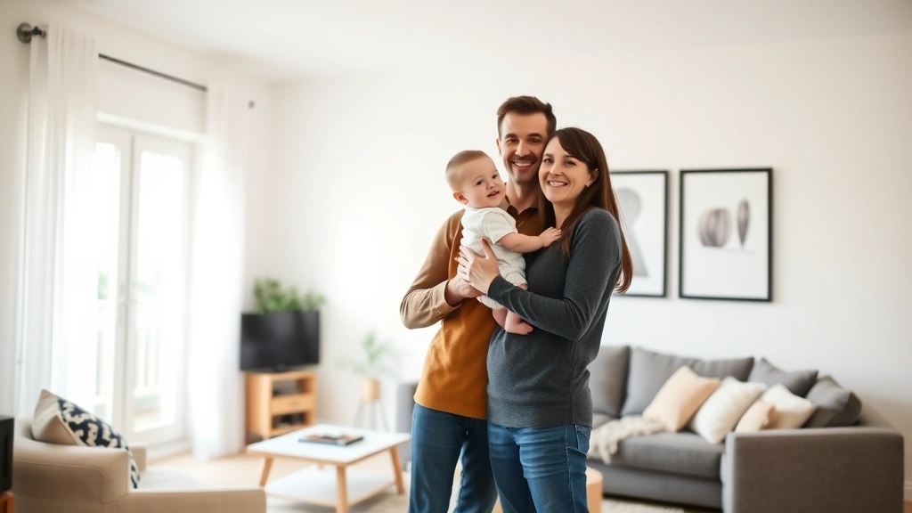 Couple standing together in contemporary living room with infant, both smiling warmly, supportive partnership pose, bright daylight from windows