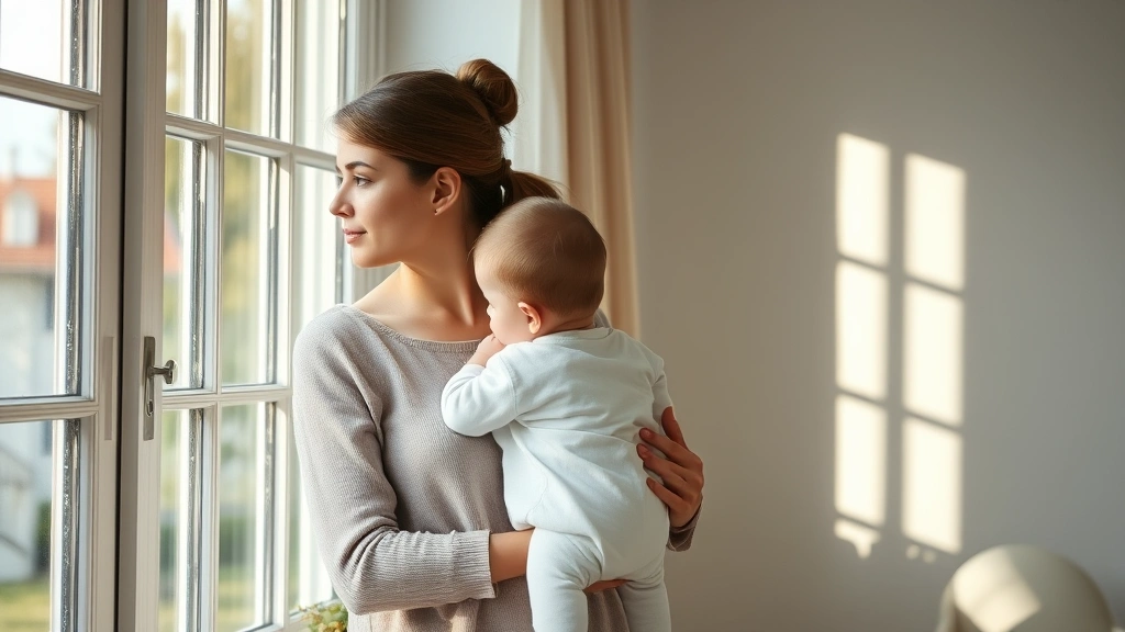 Mother holding baby while looking out large window thoughtfully, serene domestic scene, morning light, calm contemplative atmosphere