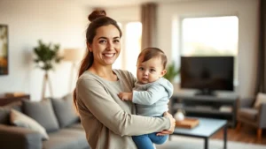 Young professional woman holding toddler in modern living room, warm natural lighting, genuine smile, casual comfortable clothing
