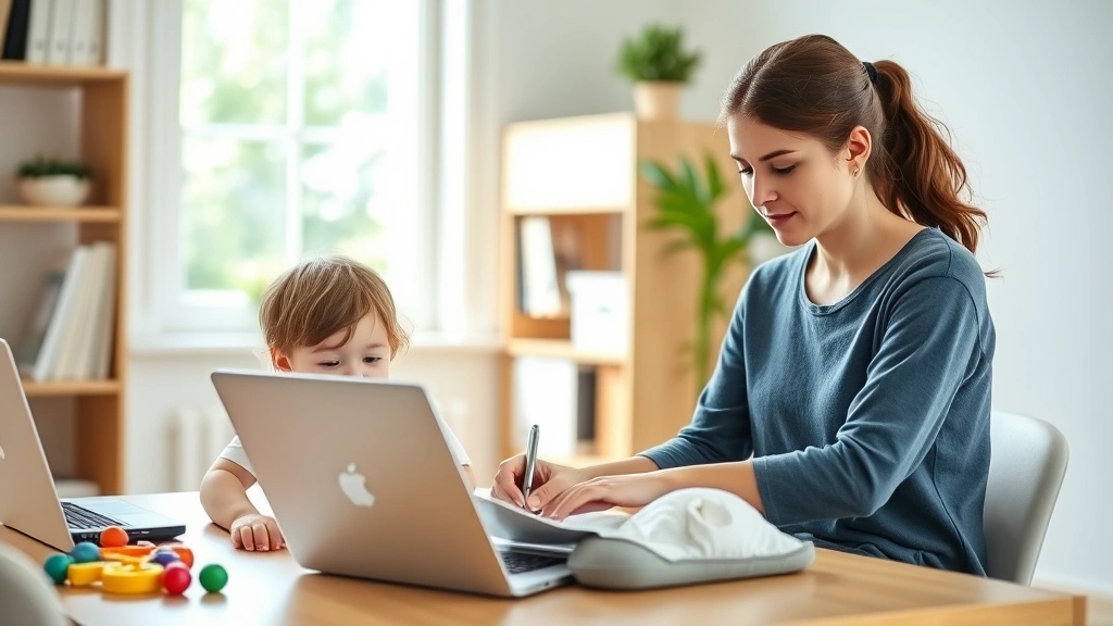 Young mother working at laptop while small child plays nearby, balanced home office setup, peaceful concentrated expression, bright window light