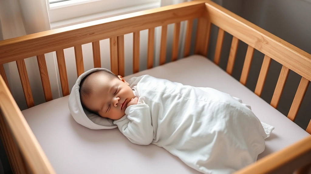 Newborn baby peacefully sleeping in a cozy white sleep sack inside a modern wooden crib with soft morning light streaming through a window