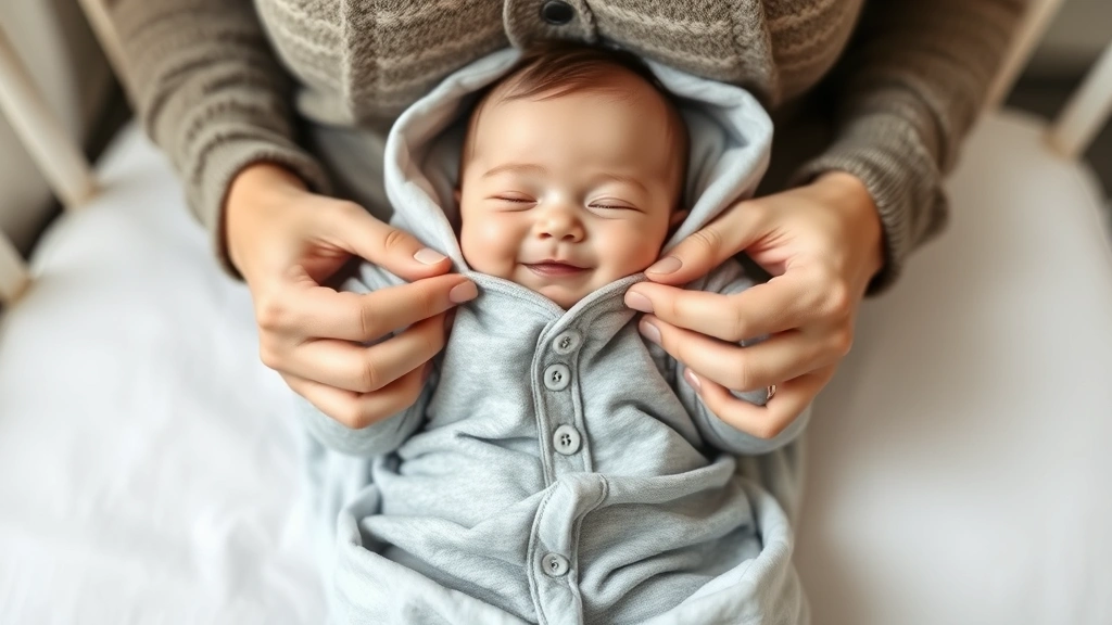Parent's hands gently zipping up a soft gray sleep sack on a smiling infant, showing proper fit and closeness in a nursery setting