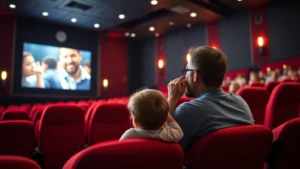Parent and child sitting together in a modern movie theater with red seats, watching a film on the big screen, warm lighting, comfortable and cozy atmosphere