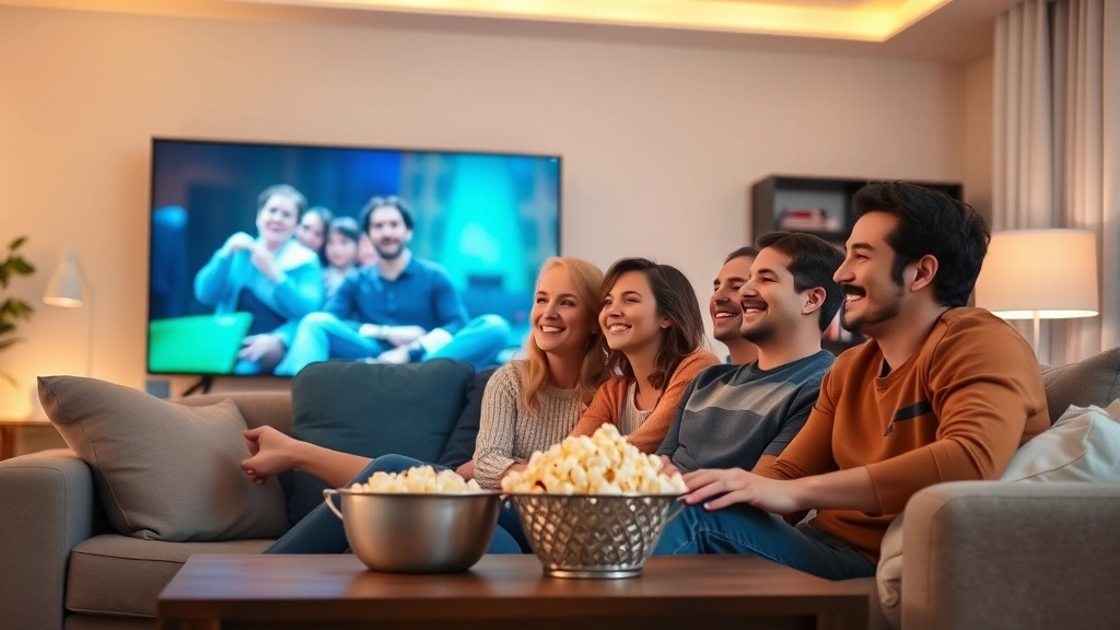 Diverse family sitting together on a comfortable couch watching a movie on a large TV screen, bowl of popcorn on the coffee table, warm living room lighting, relaxed happy expressions, evening atmosphere