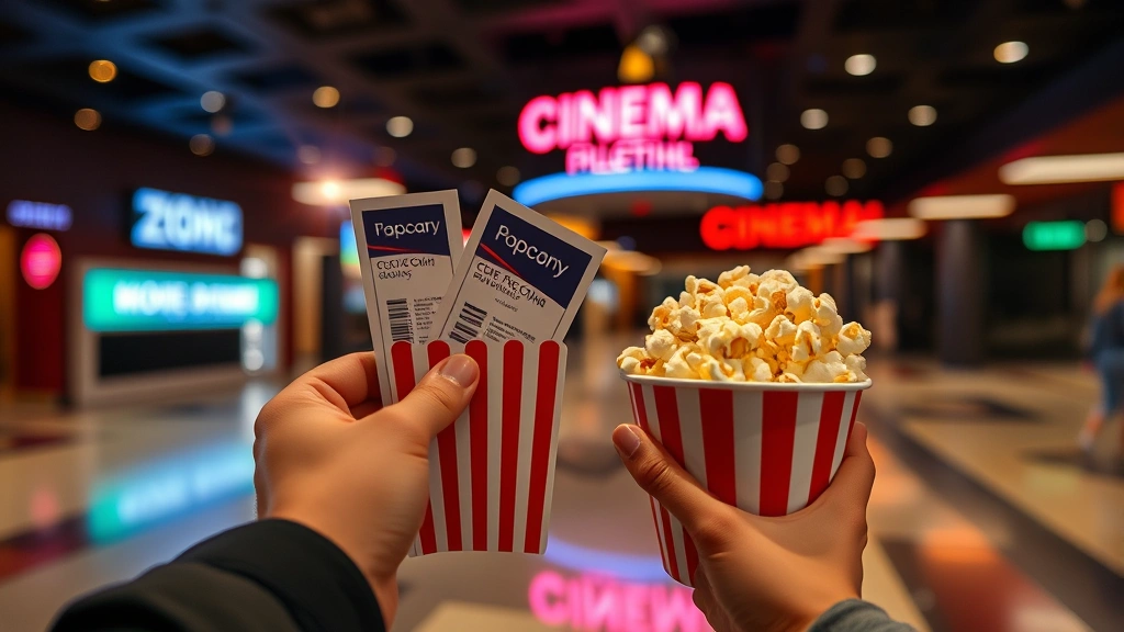 Close-up of hands holding movie tickets and popcorn container in a cinema lobby, soft focus background with theater signage, casual evening out