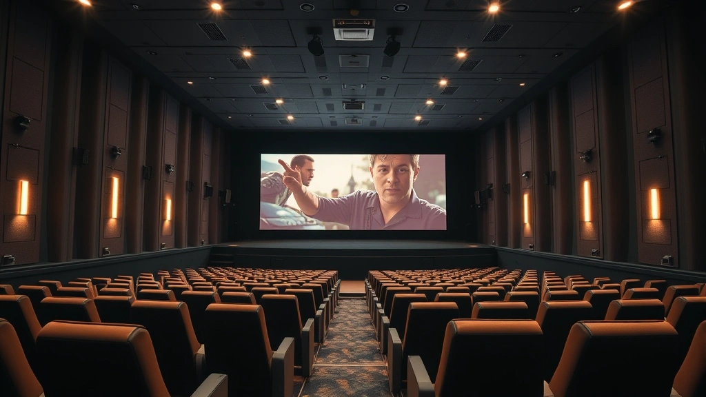 Modern movie theater interior with comfortable seats, empty auditorium showing movie on large screen, warm ambient lighting, clean professional cinema environment, nobody in frame