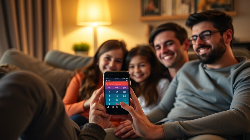 Family of four selecting seats on a ticketing app on a smartphone screen, sitting on a couch at home, warm home lighting, planning movie night