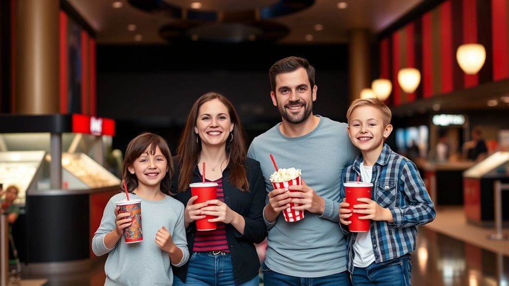 Parents with two children standing in a movie theater lobby with concession stand visible in background, holding popcorn and drinks, smiling and excited expressions, casual family clothing