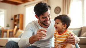 A father and child playing together in a sunny living room, showing genuine emotional connection and bonding, warm lighting, candid moment of laughter