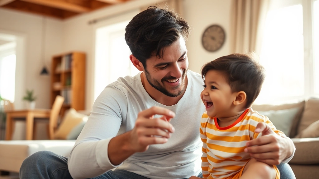 A father and child playing together in a sunny living room, showing genuine emotional connection and bonding, warm lighting, candid moment of laughter