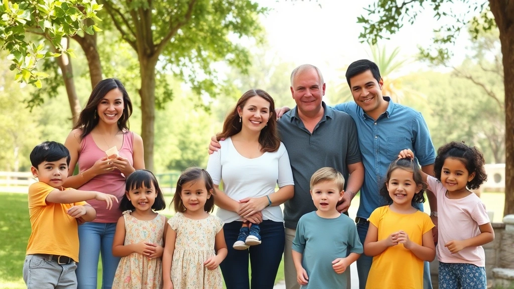 A diverse group of parents and children at a park, representing various family structures including single parents, couples, and blended families, natural outdoor setting