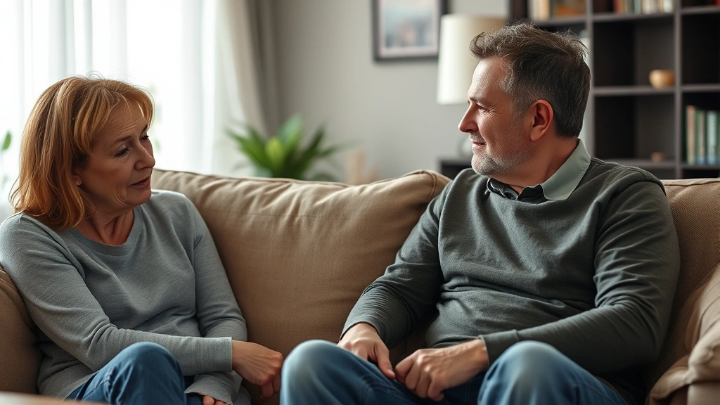 An adult having a serious but caring conversation in a home setting, showing emotional vulnerability and honest communication between two people on a couch