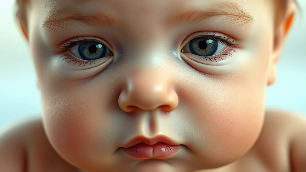 Close-up of a realistic digital infant's face with soft lighting, showing detailed skin texture and subtle facial features without any text or identifying marks