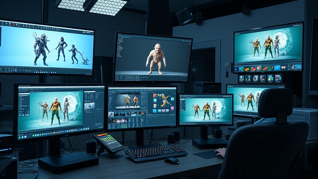 Professional VFX workstation setup with multiple monitors displaying 3D character models and animation software interfaces in a modern production studio environment