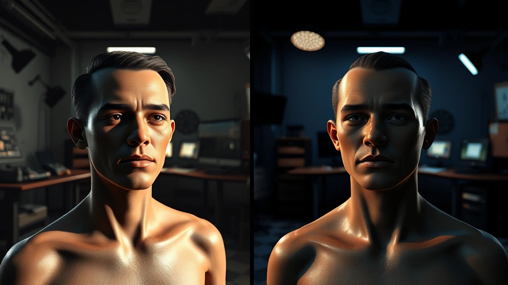 Split-screen comparison showing digital rendering techniques and lighting setups used for creating photorealistic human characters in a contemporary visual effects workspace