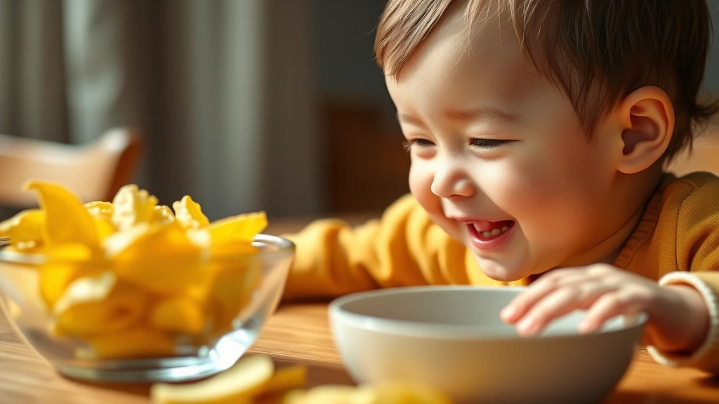 Close-up of a smiling baby reaching toward a bowl of potato chips on a wooden table, bright natural lighting, shallow depth of field, warm tones