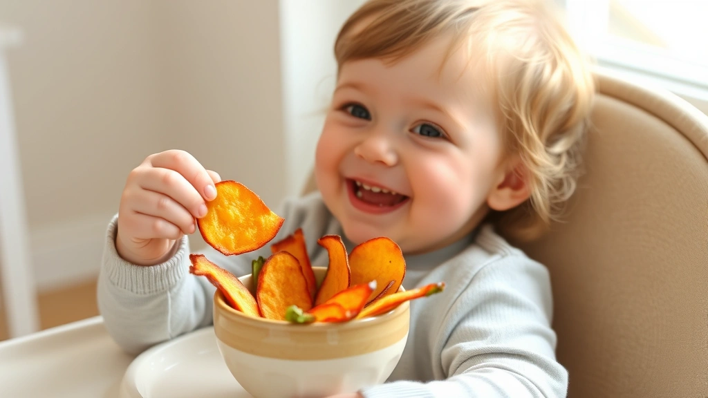 Toddler happily eating homemade vegetable crisps from a small ceramic bowl, sitting in a high chair, cheerful expression, natural window light
